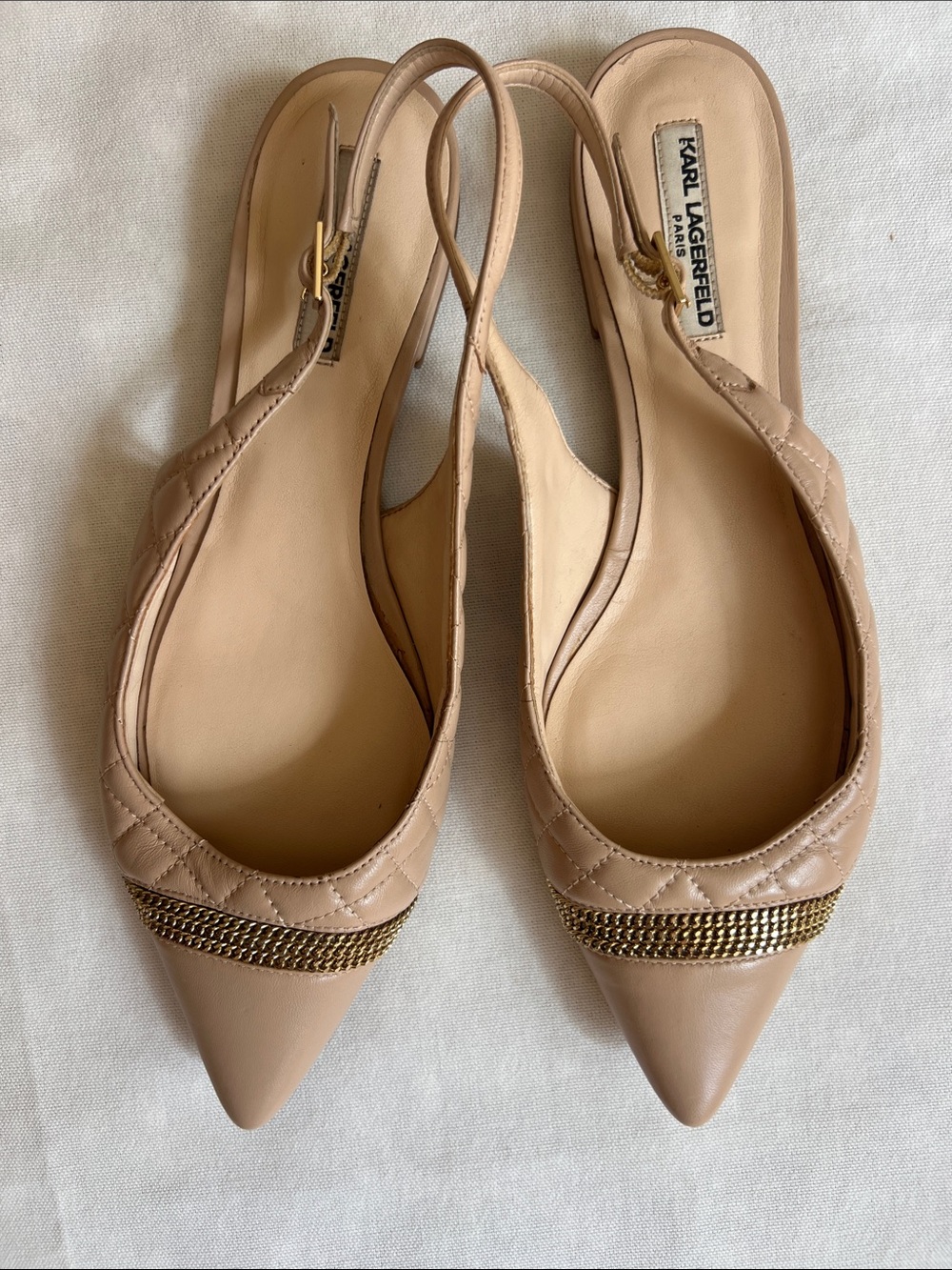 Karl Lagerfeld Beige Quilted Pointed Toe Slingback Flats with Gold Chain